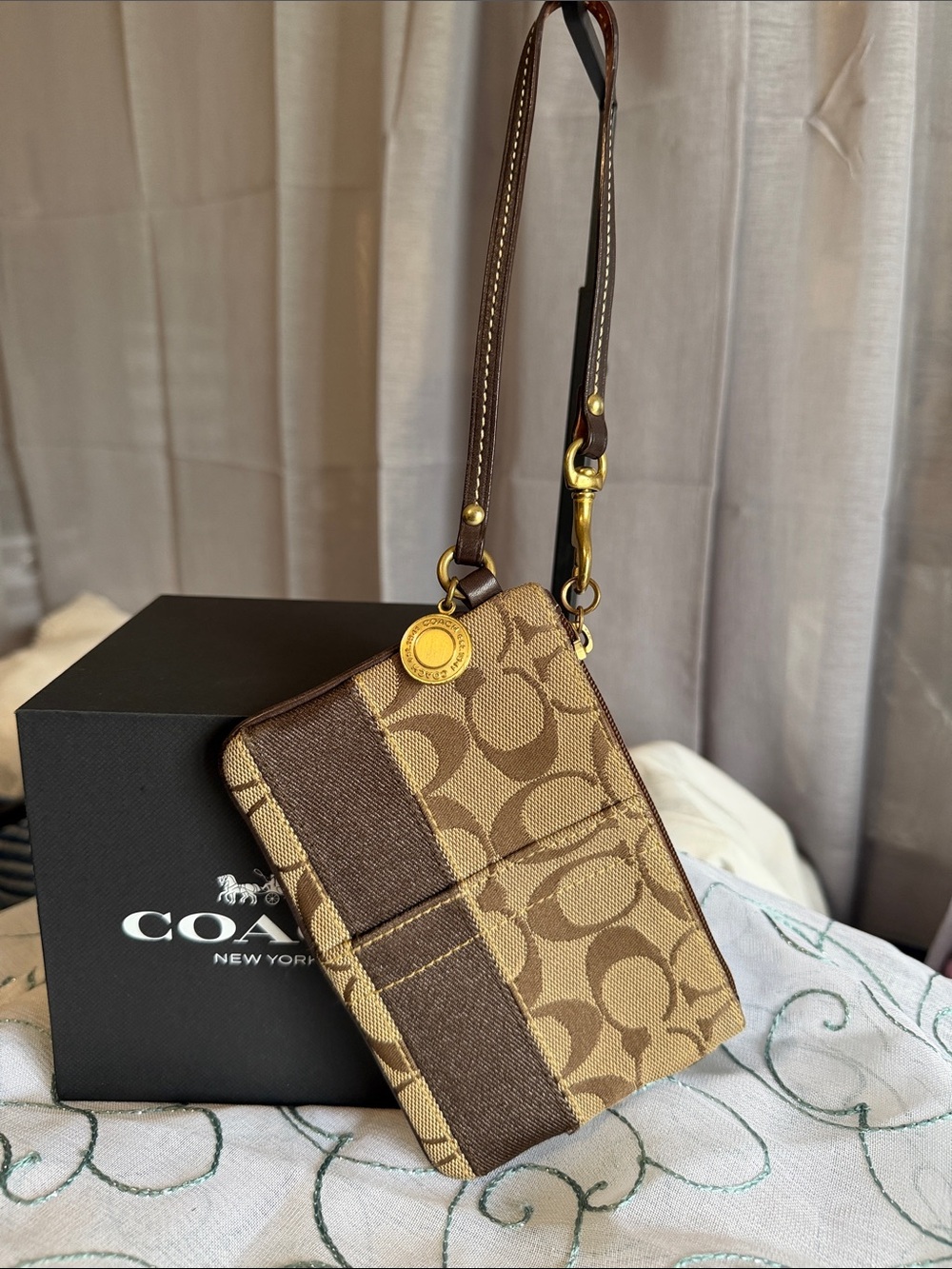 Coach Legacy Signature Canvas Wristlet in Brown and Tan